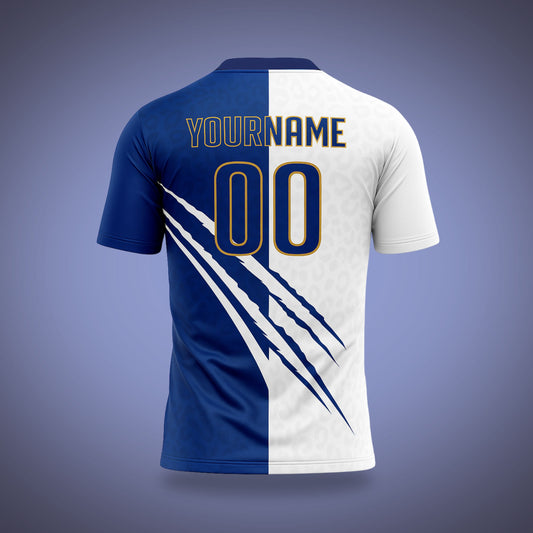 Custom Soccer Uniform T-White & Blue Scratch