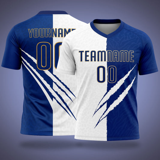 Custom Soccer Uniform T-White & Blue Scratch